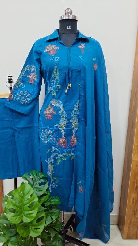 Elegant Peacock Blue Cotton 3-Piece Suit Set
