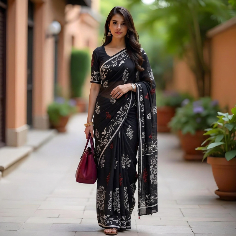 Elegant Black Mul Mul Cotton Saree in white motifs