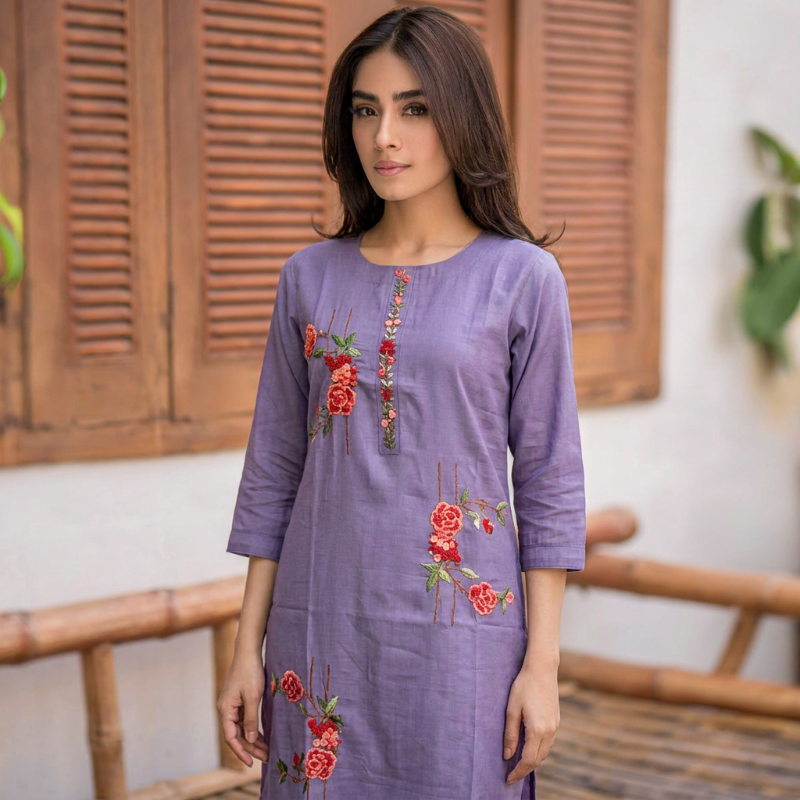 Light purple Floral Embroidered Kurta
