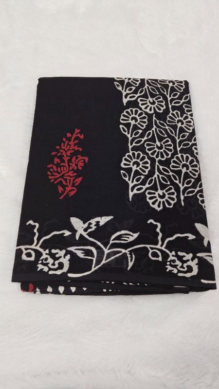 Elegant Black Mul Mul Cotton Saree in white motifs