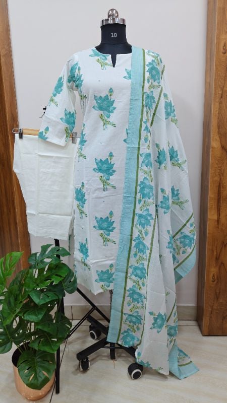 Off-White & Sea Green Lotus Print Suit Set