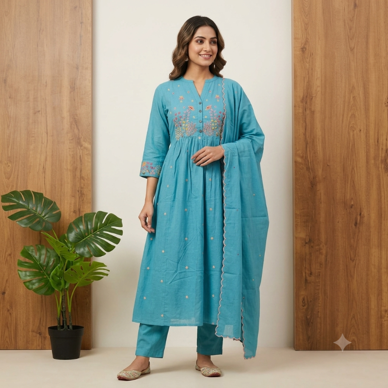 Elegance in Teal: Embroidered 3-Piece Anarkali Suit Set
