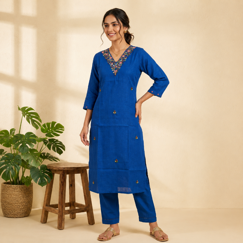 blue Floral Embroidered Kurta