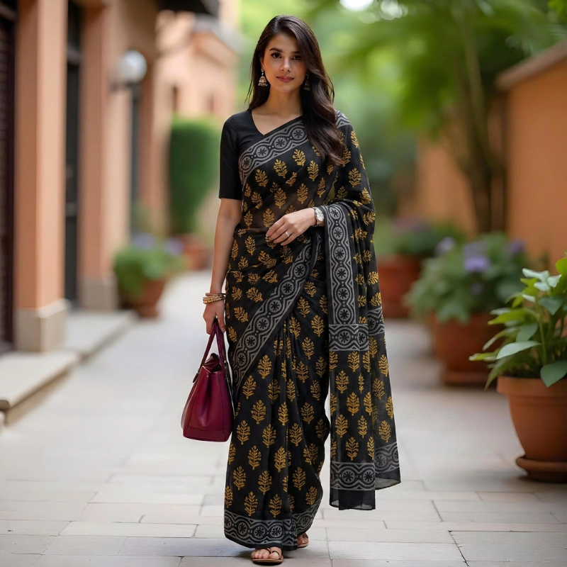 Elegant Black Mul Mul Cotton Saree in yellow motifs