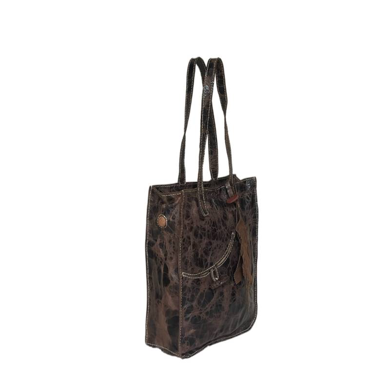 Textured Modern Twist Genuine Leather Brown Tote