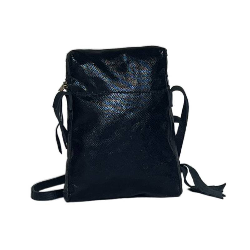 Textured Chic Genuine Leather Metallic Black Sling Bag