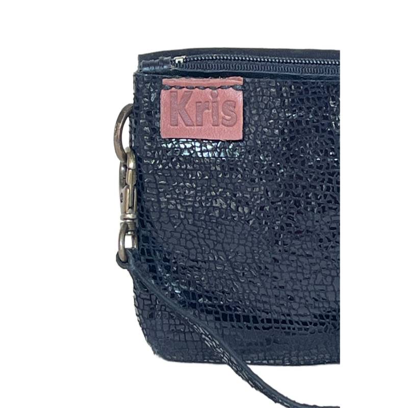 Textured Functional and Fashionable Genuine Leather Metallic Black Wristlet Companion