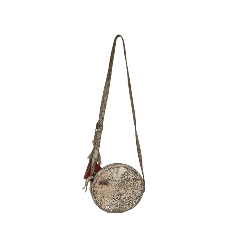 Textured Circular Genuine Leather Beige Crossbody Canteen Bag