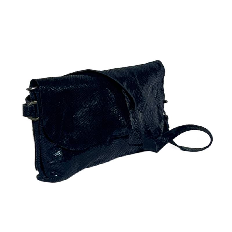 Textured Trendy Genuine Leather Metallic Black Wristlet