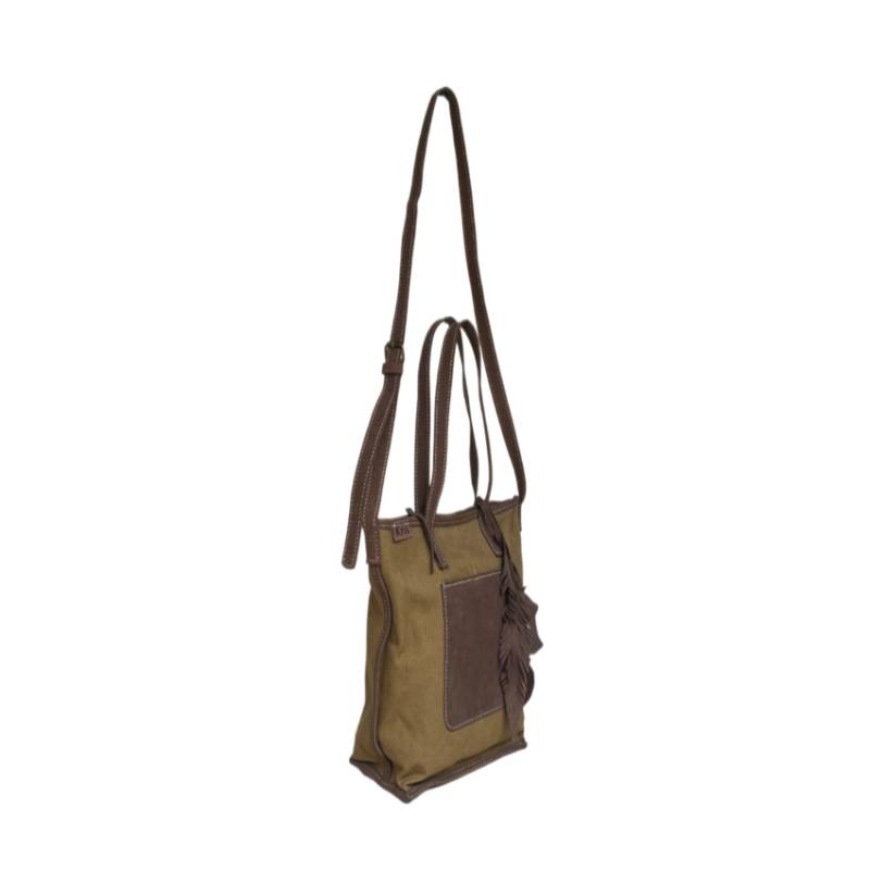 Textured Modern Twist Genuine Leather and Canvas Brown Shoulder Bag