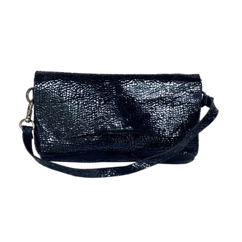 Textured Functional and Fashionable Genuine Leather Metallic Black Wristlet Companion