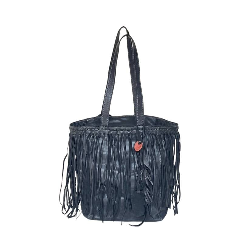 Textured Chic Fringe Genuine Leather Black Tote