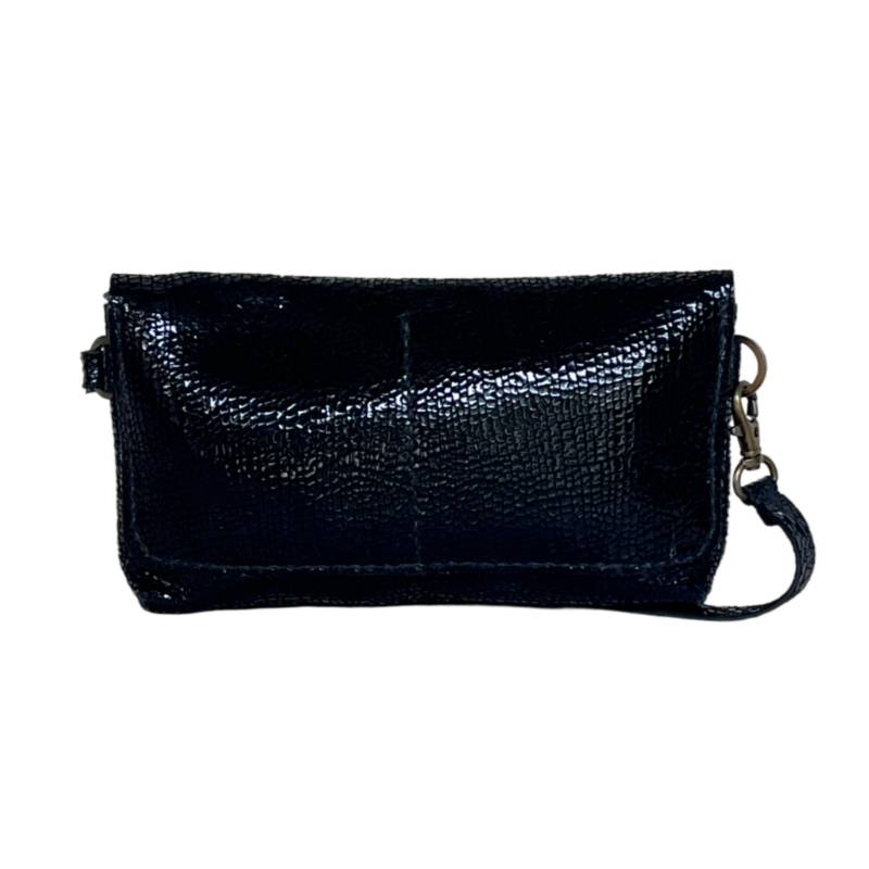 Textured Functional and Fashionable Genuine Leather Metallic Black Wristlet Companion