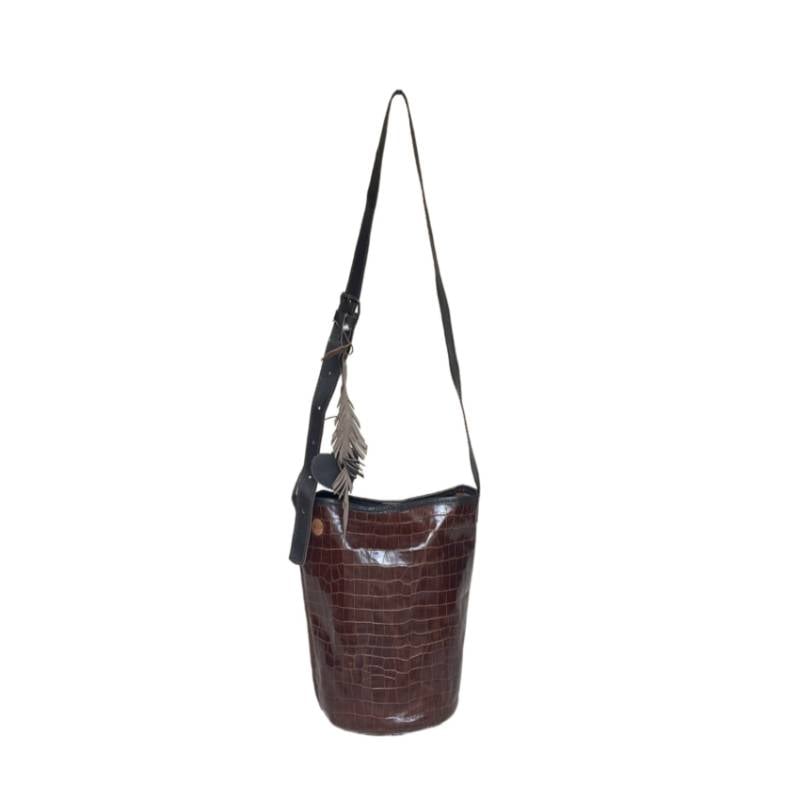 Textured Contemporary Genuine Leather Brown Bucket Tote