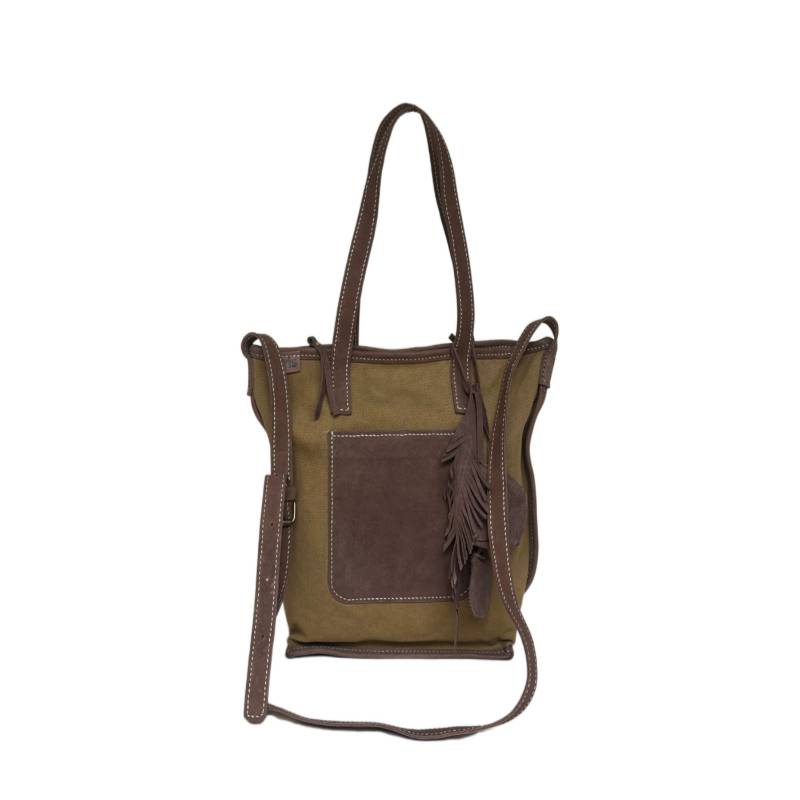 Textured Modern Twist Genuine Leather and Canvas Brown Shoulder Bag