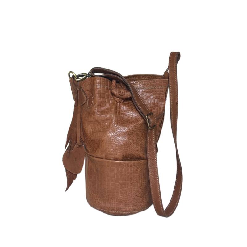 Textured Stylish Everyday Genuine Leather Tan Bucket Bag