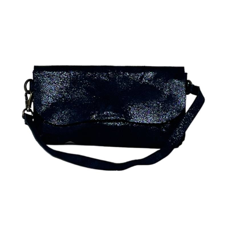 Textured Fashionable Genuine Leather Metallic Black Wrislet Purse