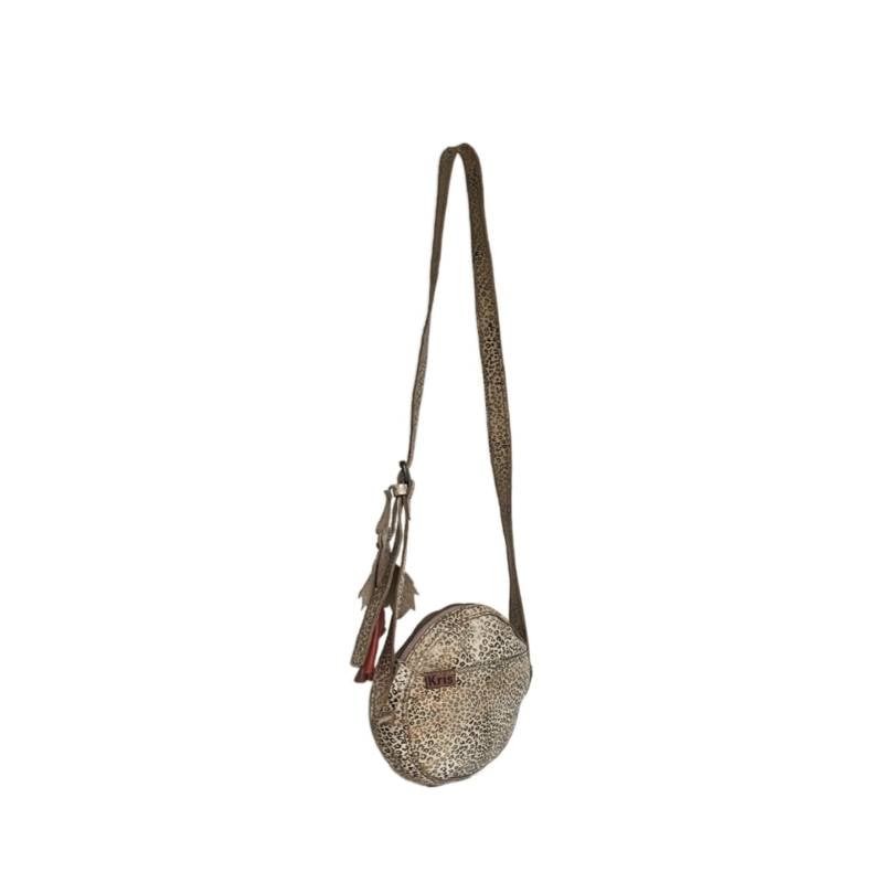 Textured Circular Genuine Leather Beige Crossbody Canteen Bag