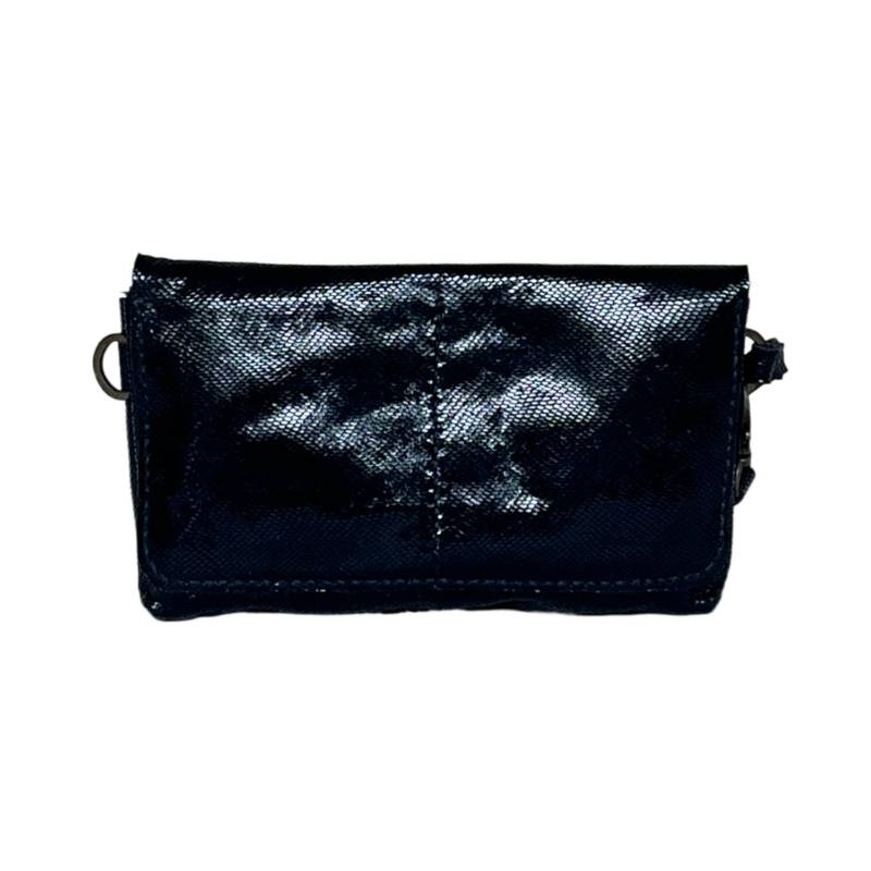 Textured Trendy Genuine Leather Metallic Black Wristlet