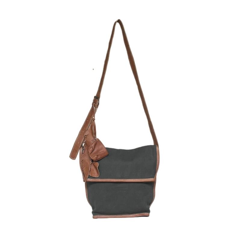 Textured Edgy Genuine Leather and Canvas Green Crossbody Hip Bag