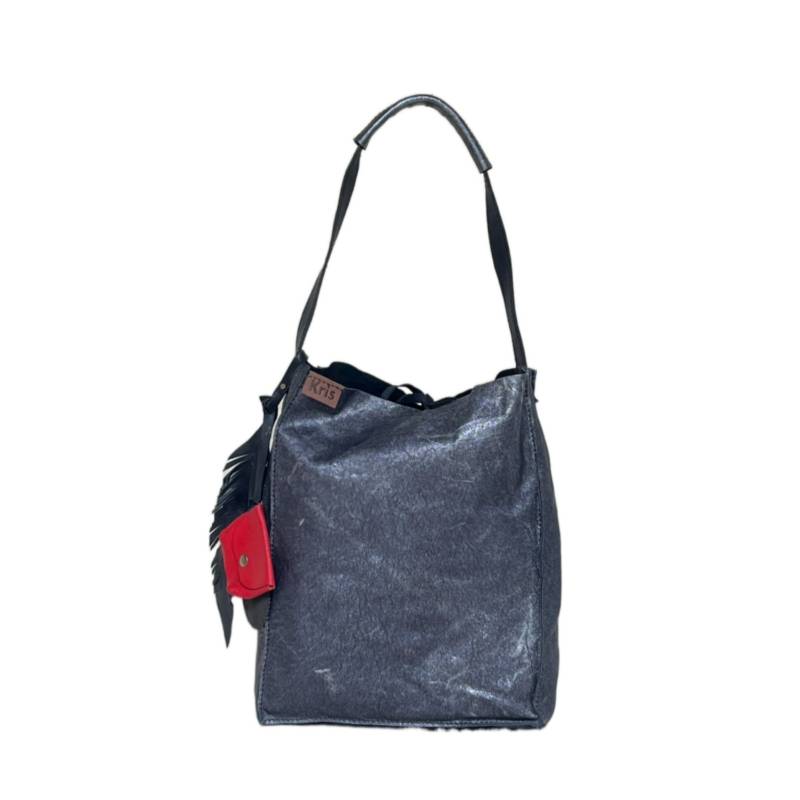 Textured Modern Twist Genuine Leather Metallic Black Tote