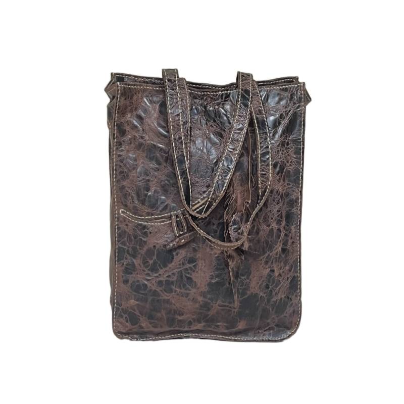 Textured Modern Twist Genuine Leather Brown Tote