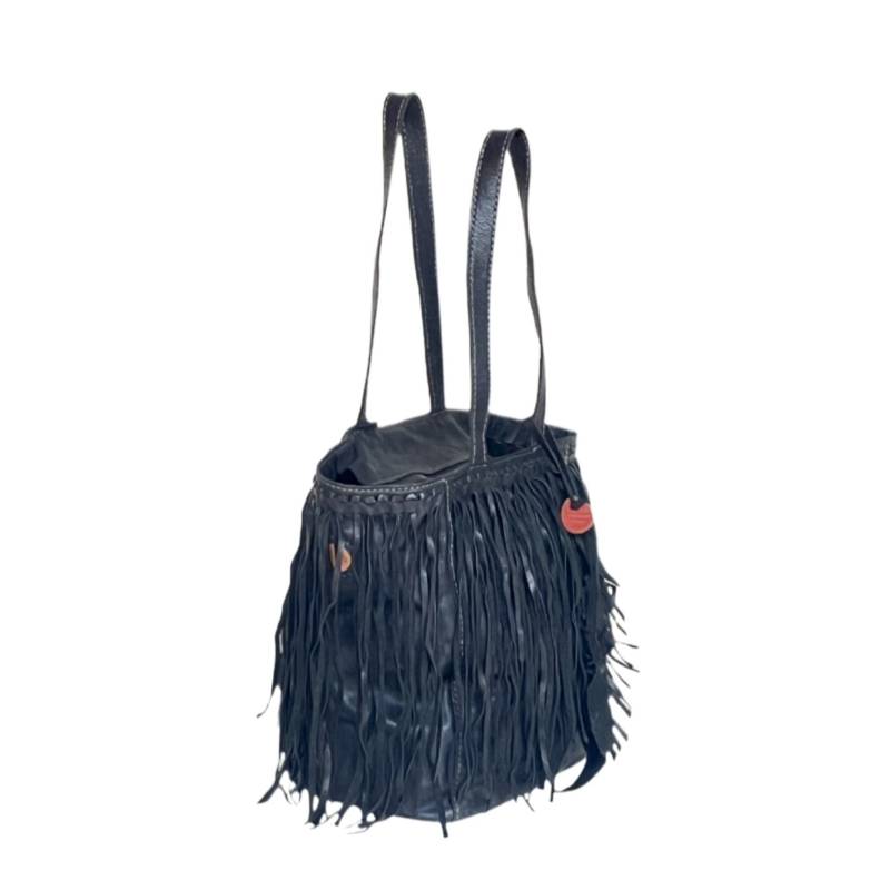 Textured Chic Fringe Genuine Leather Black Tote