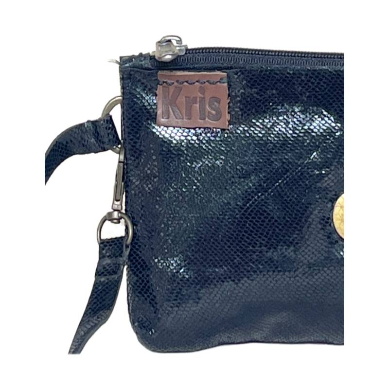 Textured Trendy Genuine Leather Metallic Black Wristlet