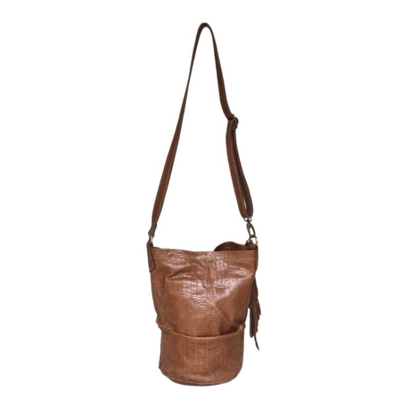 Textured Stylish Everyday Genuine Leather Tan Bucket Bag