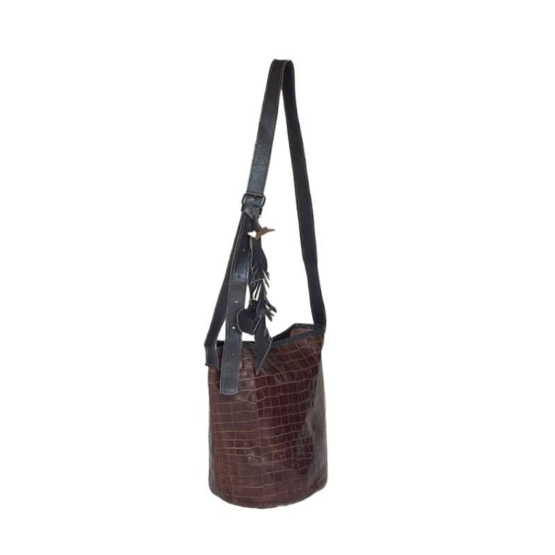 Textured Contemporary Genuine Leather Brown Bucket Tote