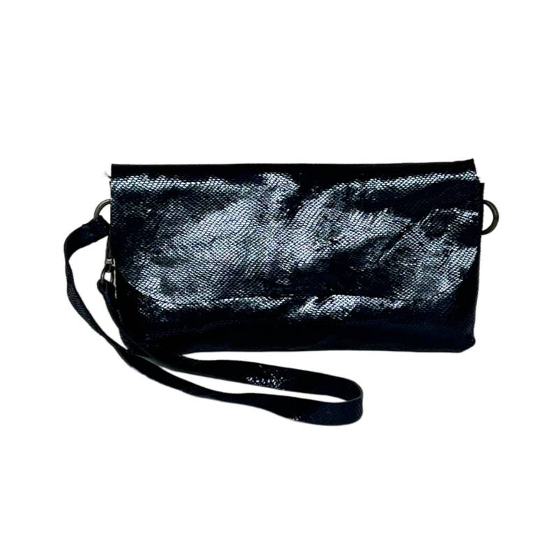 Textured Trendy Genuine Leather Metallic Black Wristlet