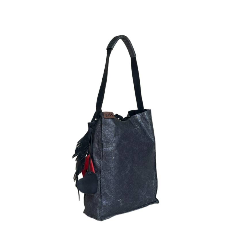 Textured Modern Twist Genuine Leather Metallic Black Tote