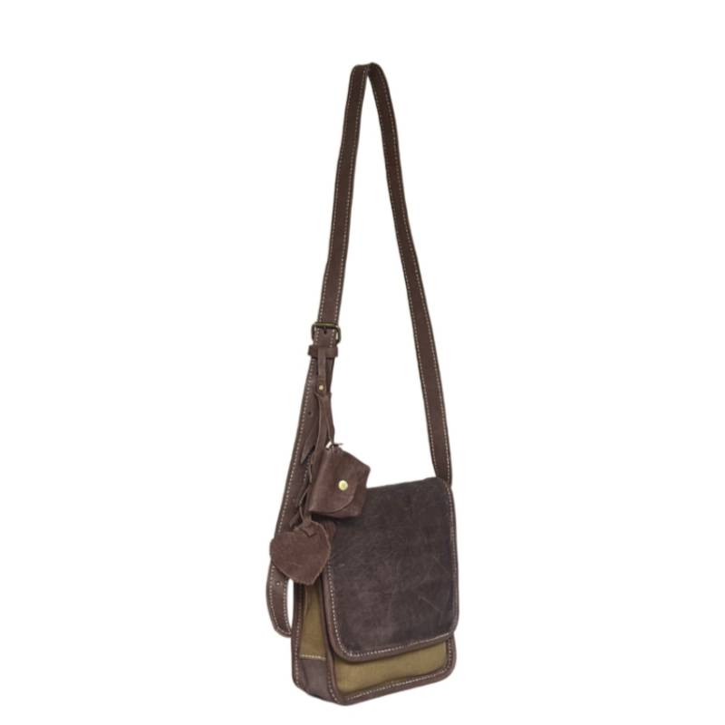 Textured Rugged Explorer Genuine Leather and Canvas Brown Crossbody