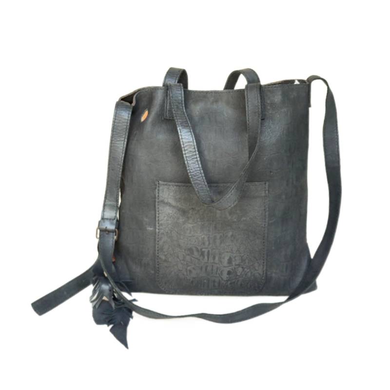 Textured and Versatile Everyday Genuine Leather Black Tote