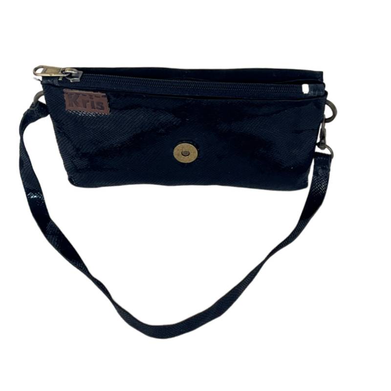 Textured Trendy Genuine Leather Metallic Black Wristlet