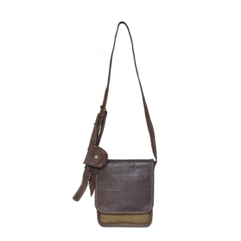 Textured Rugged Explorer Genuine Leather and Canvas Brown Crossbody