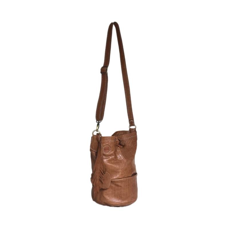 Textured Stylish Everyday Genuine Leather Tan Bucket Bag