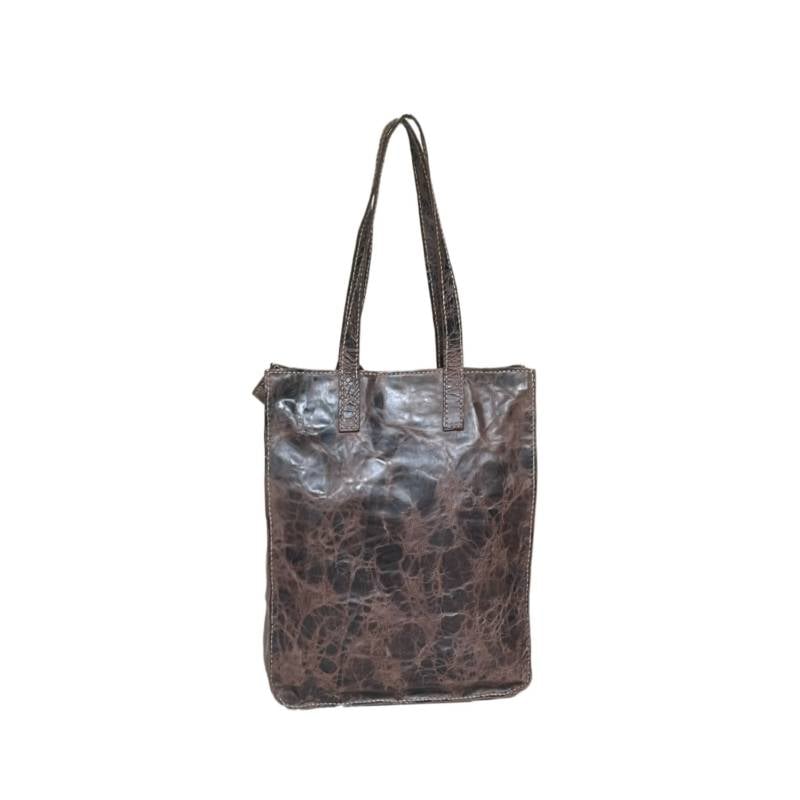 Textured Modern Twist Genuine Leather Brown Tote