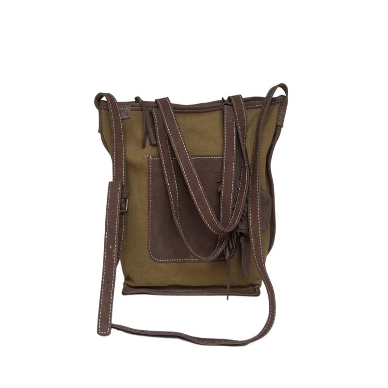 Textured Modern Twist Genuine Leather and Canvas Brown Shoulder Bag