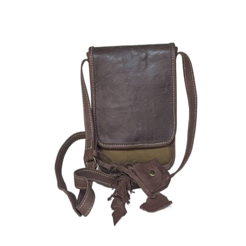 Textured Rugged Explorer Genuine Leather and Canvas Brown Crossbody