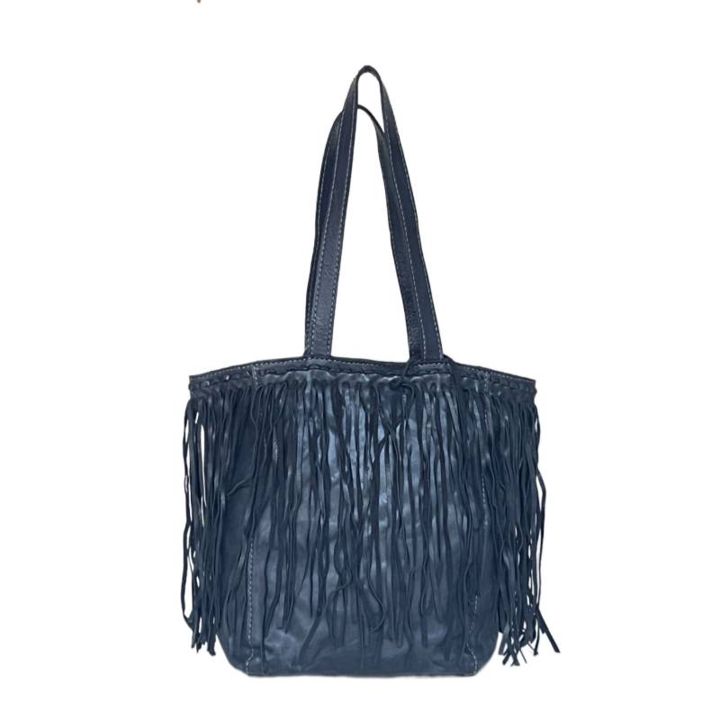 Textured Chic Fringe Genuine Leather Black Tote