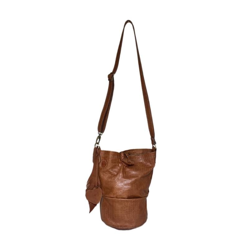 Textured Stylish Everyday Genuine Leather Tan Bucket Bag