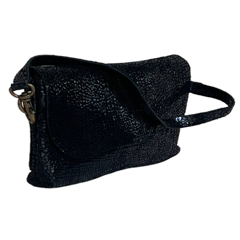 Textured Functional and Fashionable Genuine Leather Metallic Black Wristlet Companion