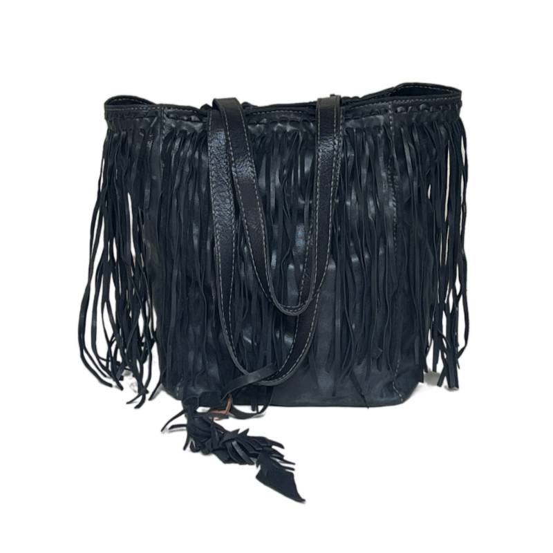 Textured Chic Fringe Genuine Leather Black Tote