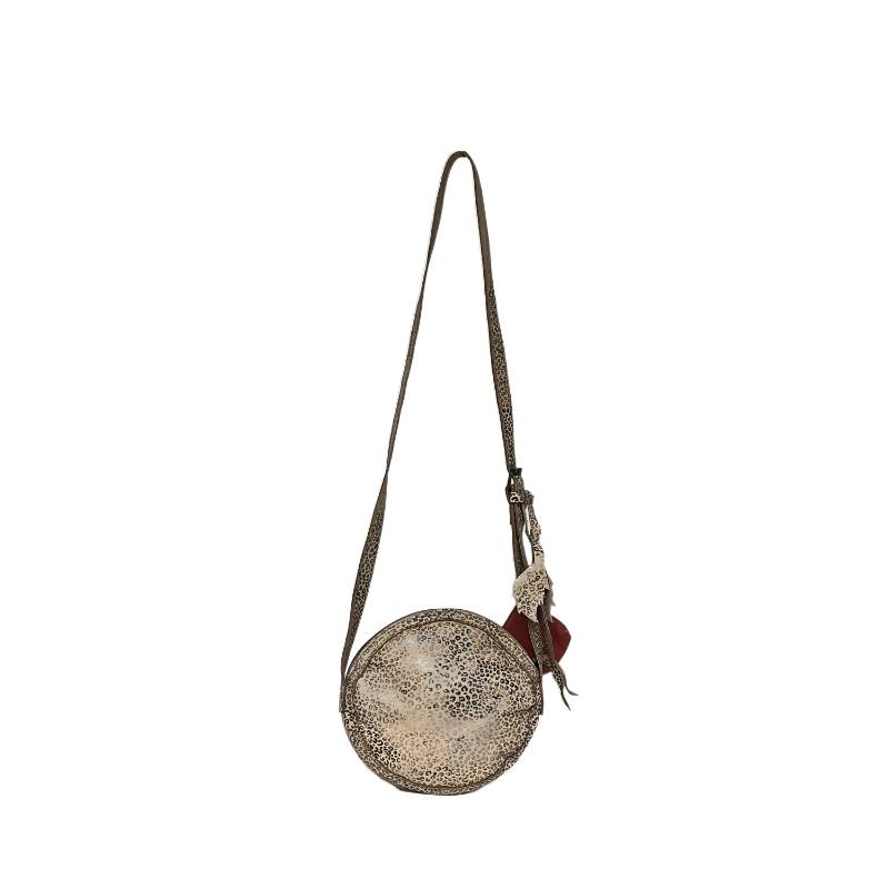 Textured Circular Genuine Leather Beige Crossbody Canteen Bag