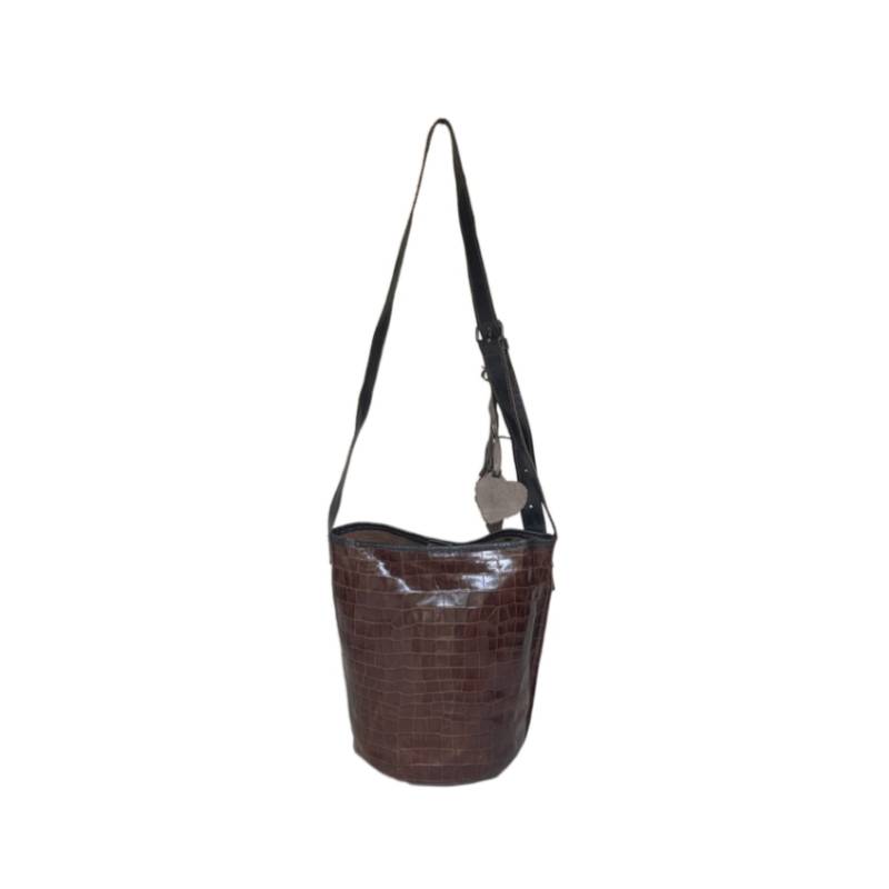 Textured Contemporary Genuine Leather Brown Bucket Tote