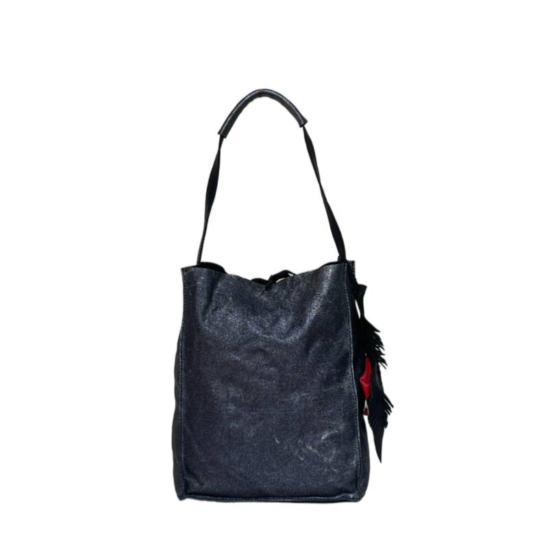 Textured Modern Twist Genuine Leather Metallic Black Tote