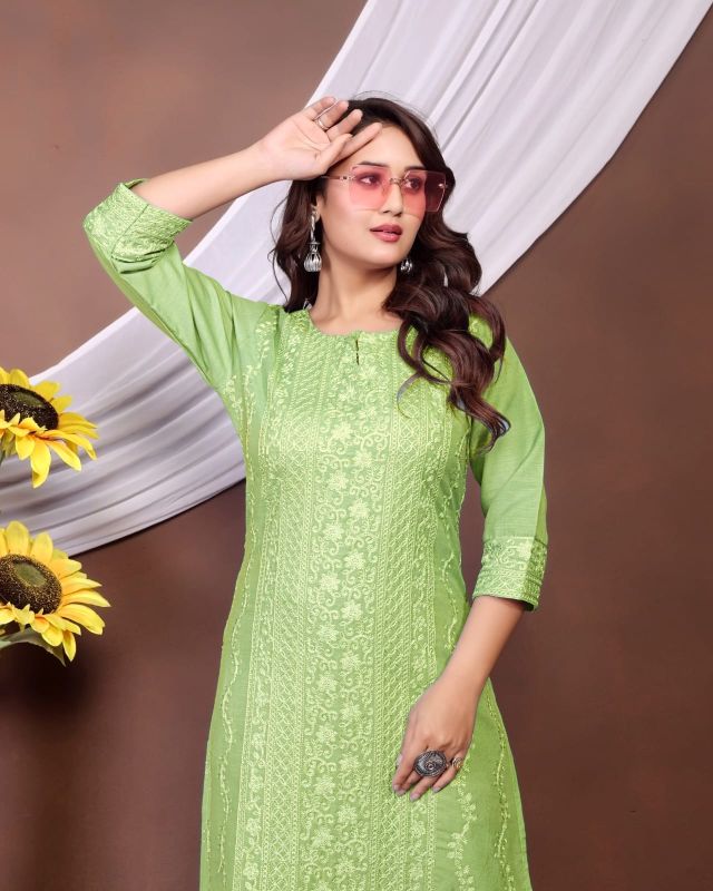 WOMEN'S  CHIKANKARI SLUB RAYON KURTI