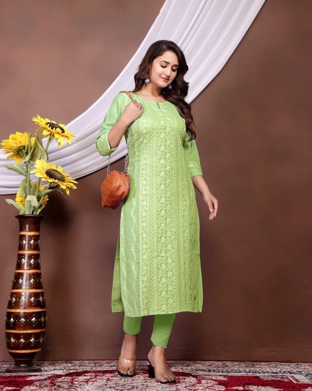 WOMEN'S  CHIKANKARI SLUB RAYON KURTI