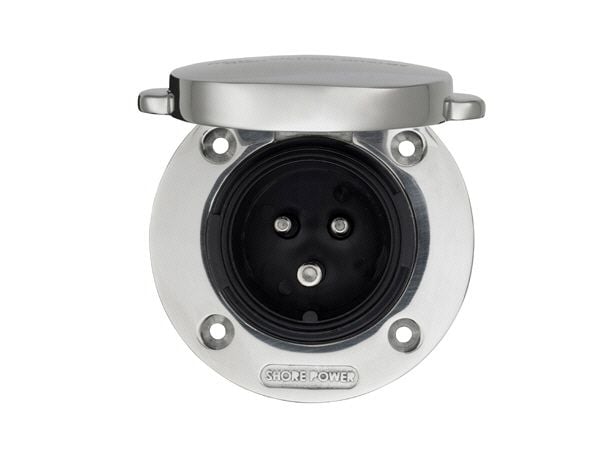 Power Inlet stainless with cover 16A/250Vac (2p/3w)